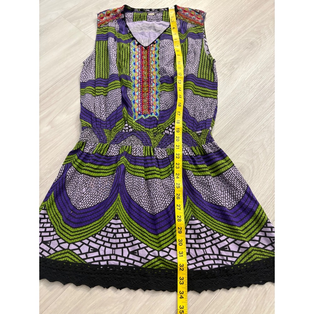 Custo Barcelona Mini Dress Women Purple Green Mosaic Print Beaded Smocked Size 1 - Picture 6 of 16